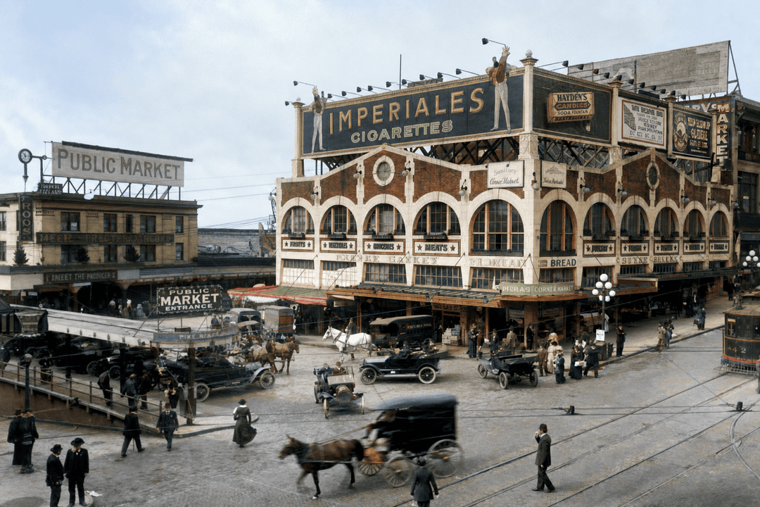 Pike Place Public Market, 1912, colorized, from The Seattle Story