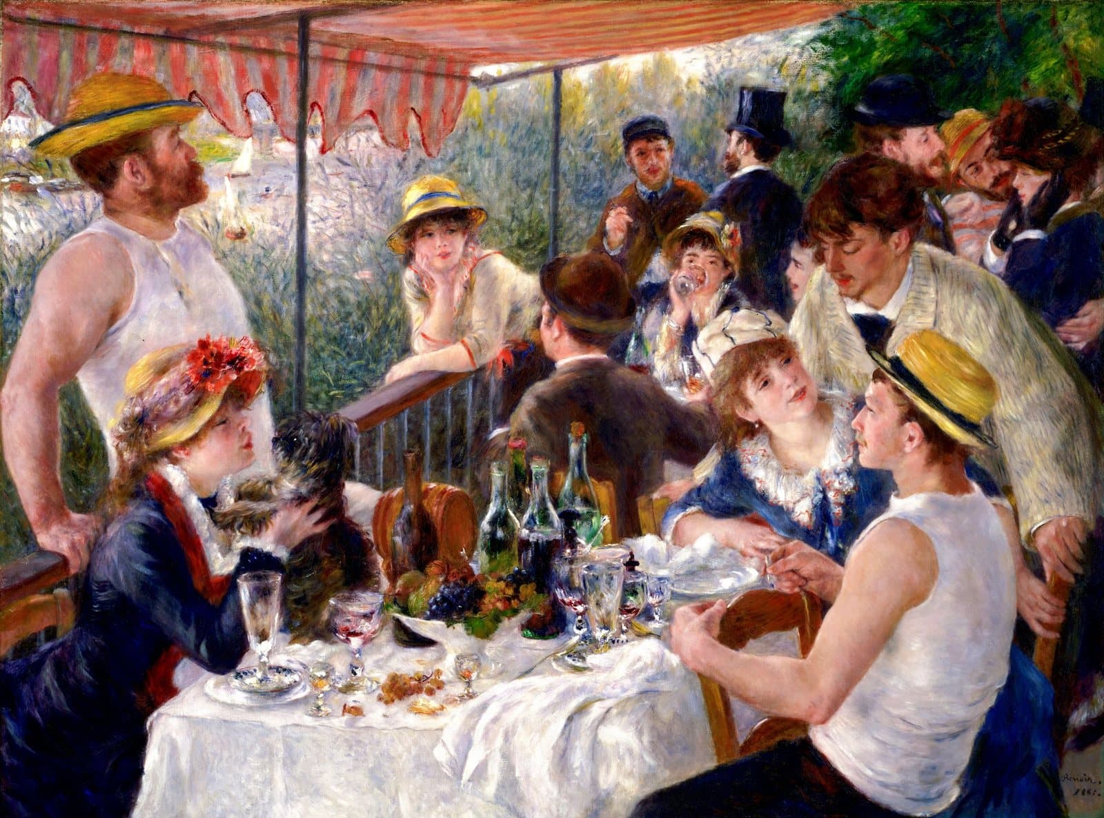 Detail of Luncheon of the Boating Party: Friends talk, flirt and relax around a lunch table on a riverside balcony under a striped awning