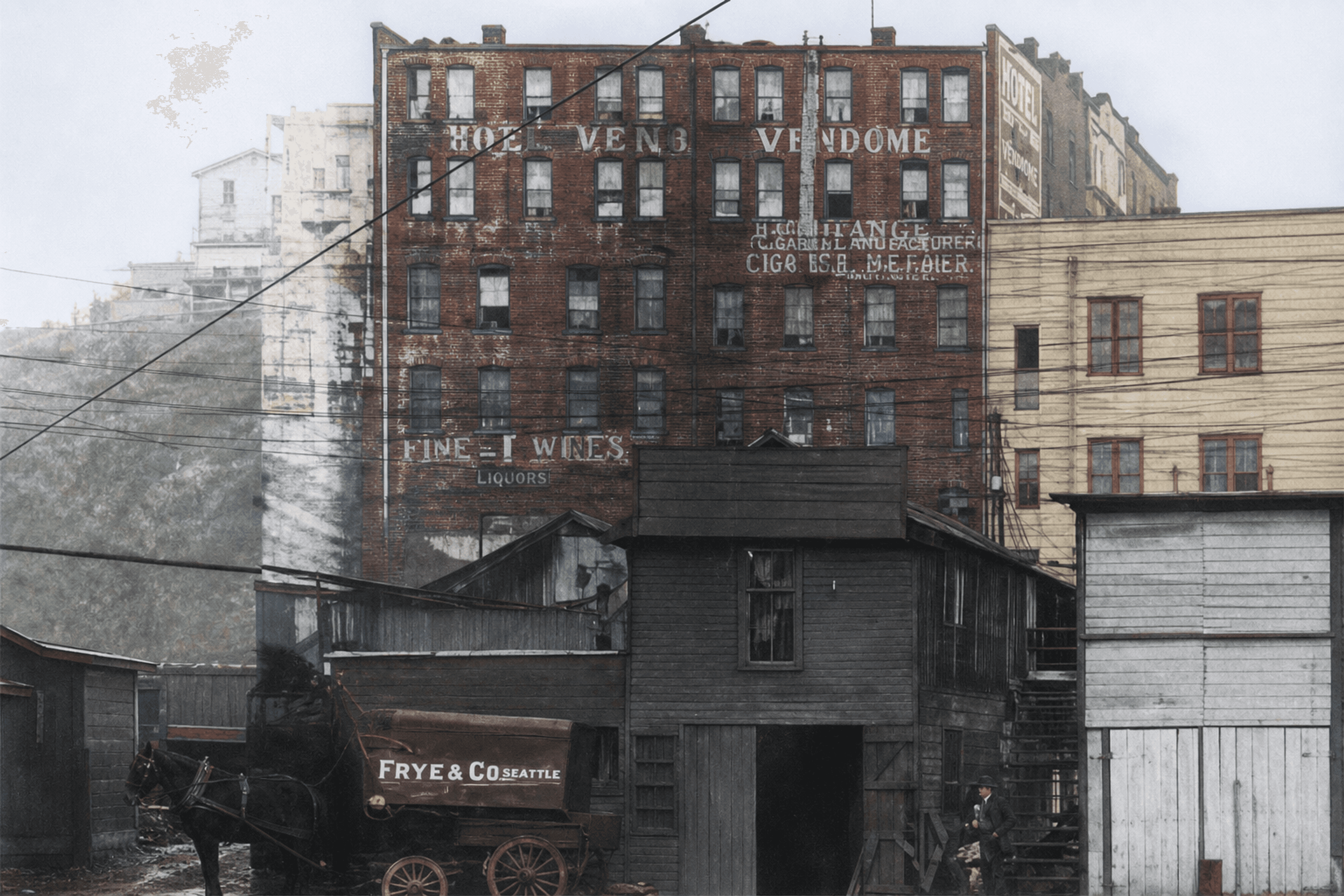 AI-colorized restoration of the rear facade of the Hotel Vendome in 1908, photographed from the waterfront by Asahel Curtis, with sheds and a Frye and Co wagon below the brick wall