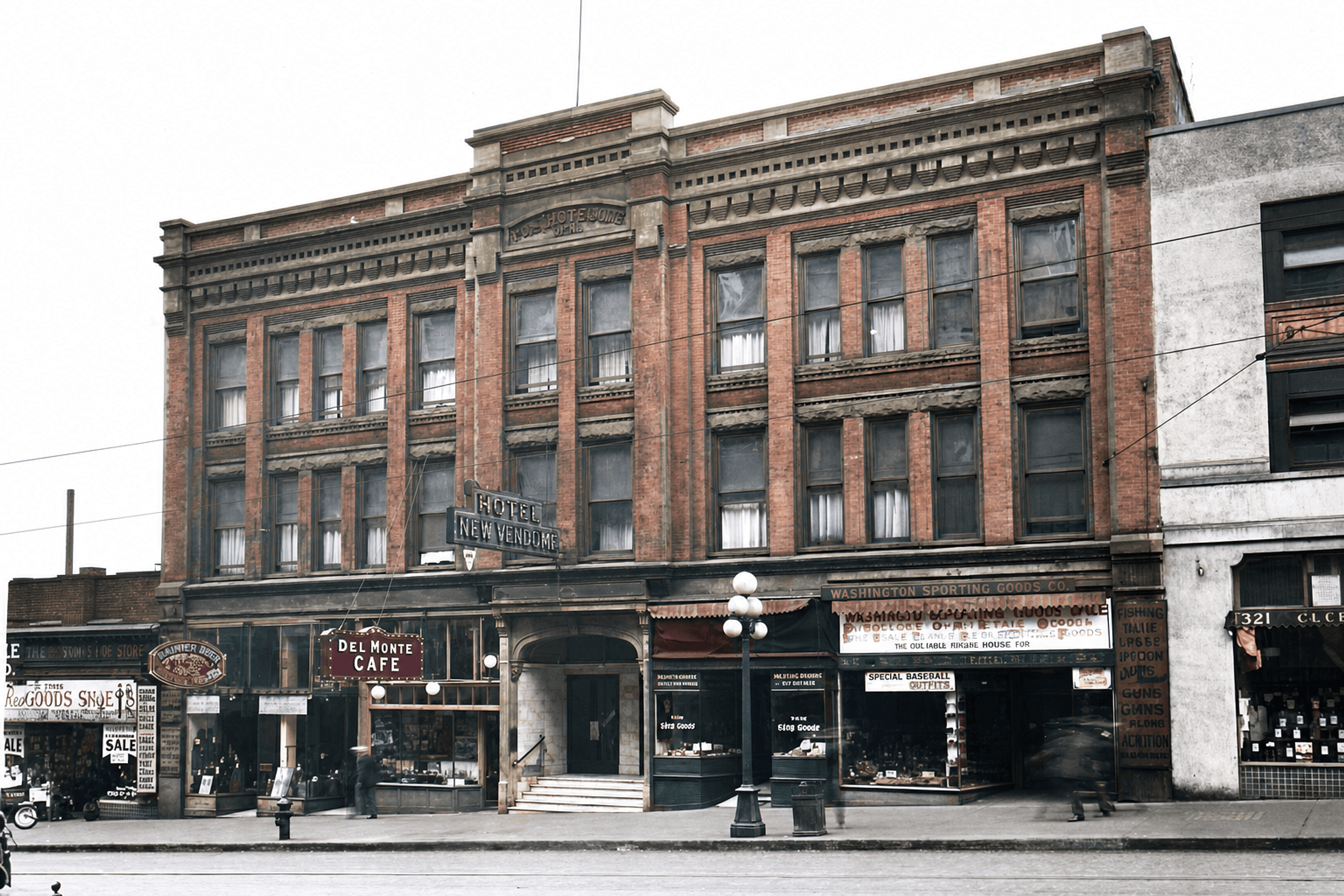 AI-colorized restoration of the Hotel New Vendome around 1926, the corner the building has held since 1890