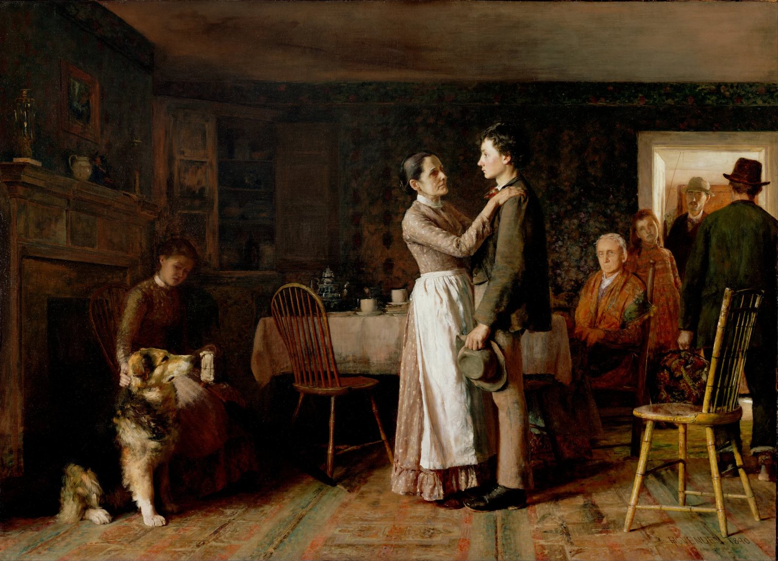 A mother holds her grown son by the shoulders as he leaves home, while the family gathers in the farmhouse kitchen