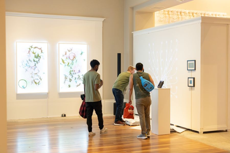 Visitors looking at botanical light-box works in a side gallery. July 8, 2026.